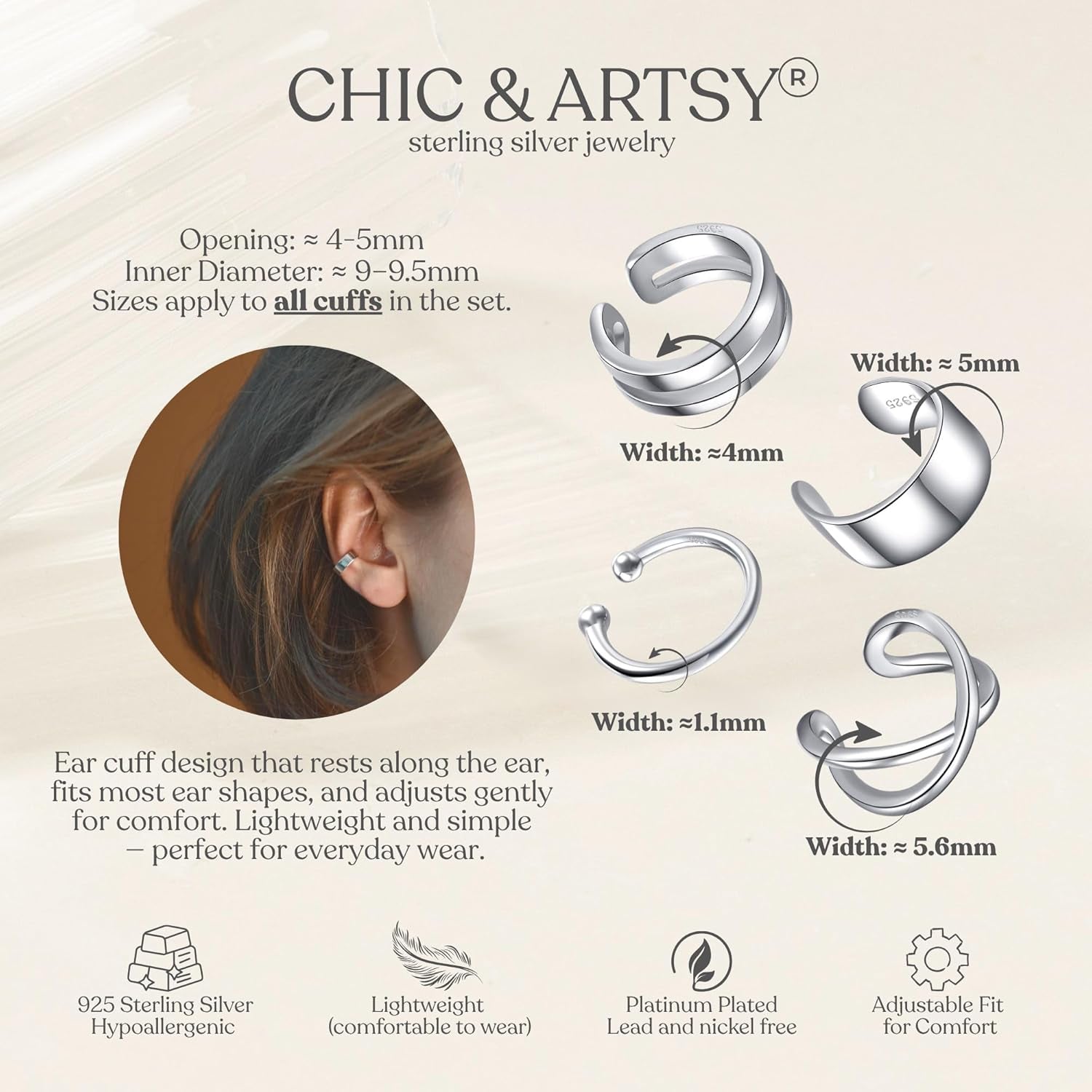 925 Sterling Silver Ear Cuffs for Women, Non Piercing Clip on Cartilage Cuffs, Adjustable Fake Conch & Helix Earrings, Gold Plated & Oxidized Various Styles