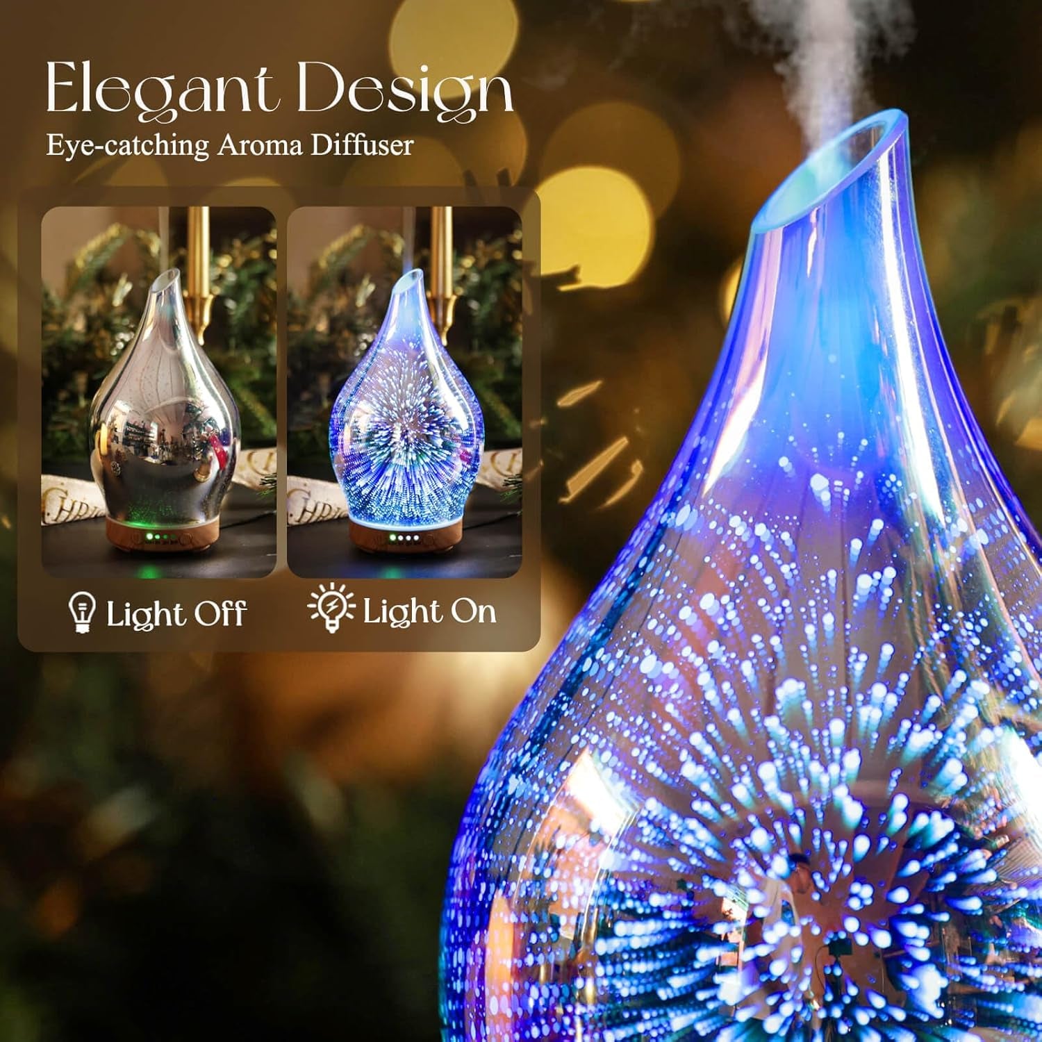 Oil Diffuser 3D Glass Aromatherapy Ultrasonic Humidifier, Air Refresh Auto Shut-Off, Timer Setting, BPA Free for Home Hotel Yoga Leisure SPA Gift 150Ml Last 6H