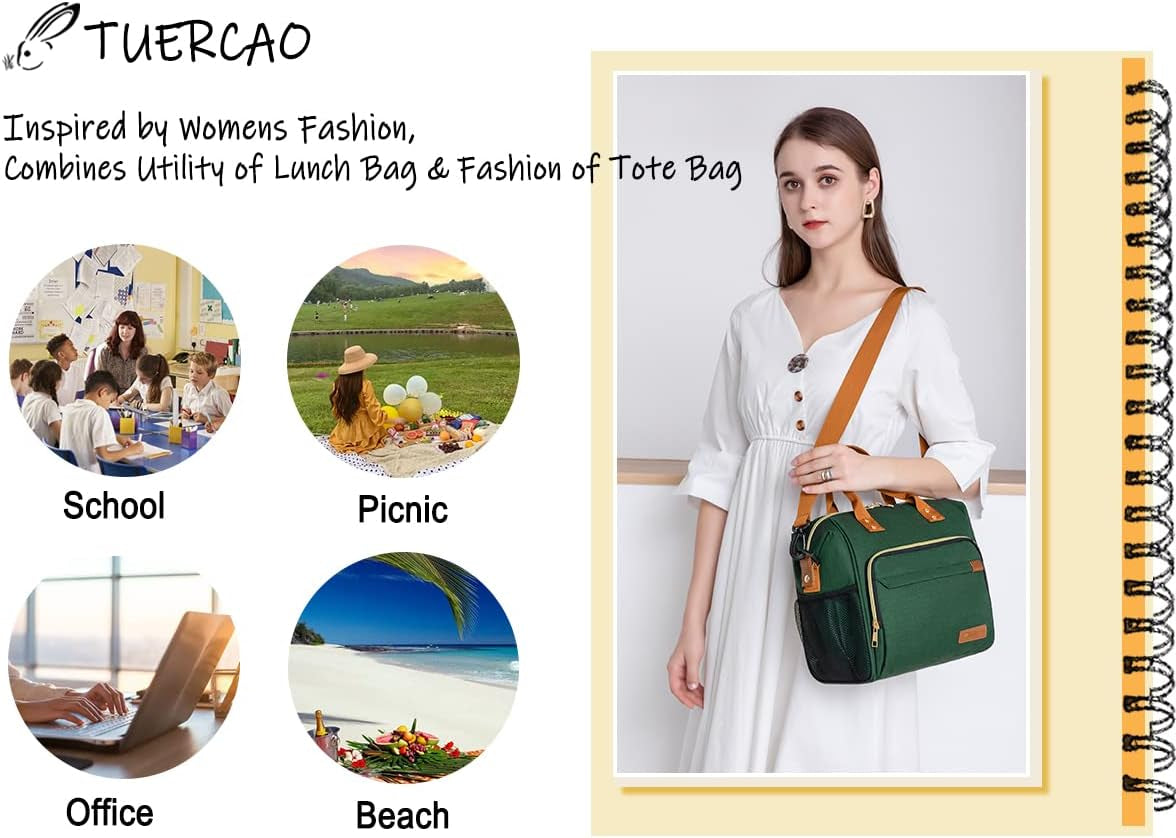 Insulated Lunch Bag Adult Lunch Box for Women for Work Leakproof Soft Cooler for Beach Travel Picnic, Dark Green