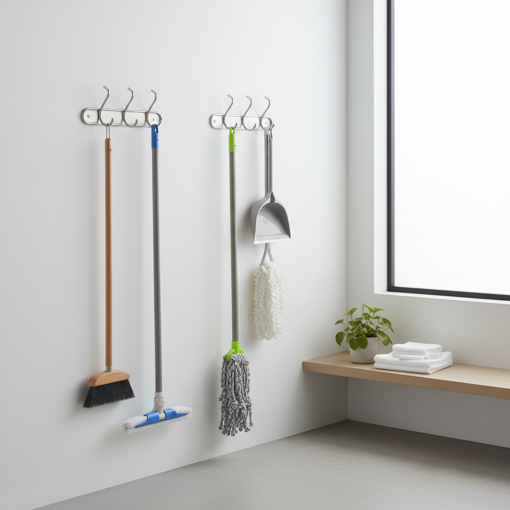 GripLock™ Wall-Mount Broom & Mop Holder – Stainless Steel Kitchen & Bathroom Organizer