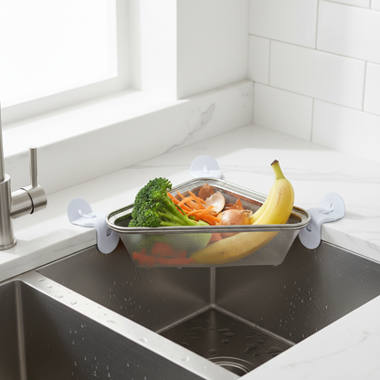 SinkNest™ Corner Sink Strainer Basket – Suction Cup Drain Rack for Kitchen Waste & Produce